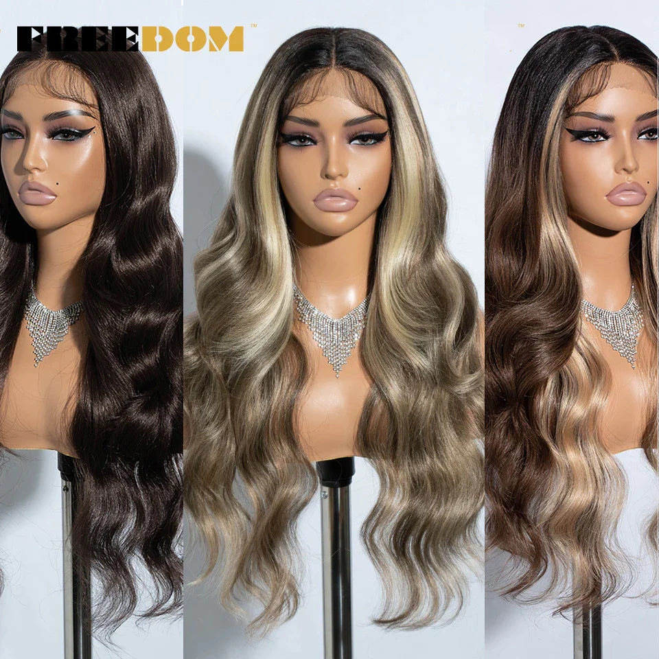 FREEDOM 26-Inch Synthetic Lace Front Wig for Women — Honey Brown Body Wave with Ombre Blonde Highlights, Cosplay & Fashion Wig