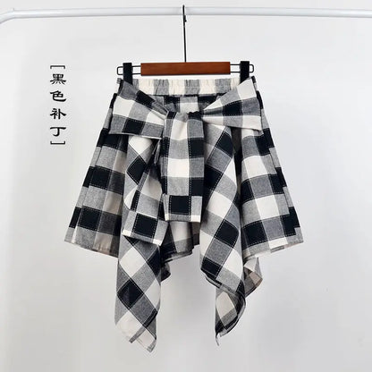 Summer Casual Retro Women’s Mini A-Line Skirt – Blue White Lattice Bow-Knot Elastic Waist Short Skirt
