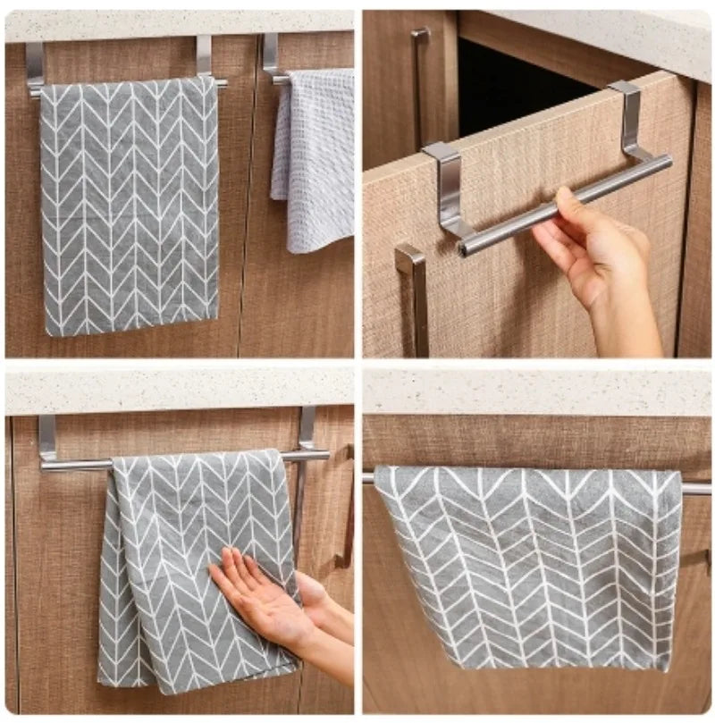 Over-Door Stainless Steel Towel Rack – Bathroom & Kitchen Hanging Storage Bar for Cabinet Doors