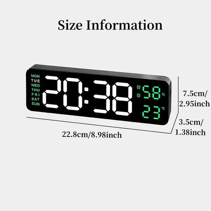 9-Inch Digital Wall Clock — USB Powered LED Table Clock with Temperature, Humidity, Week Display, Auto Dimmer, DST, 12/24H & Alarm