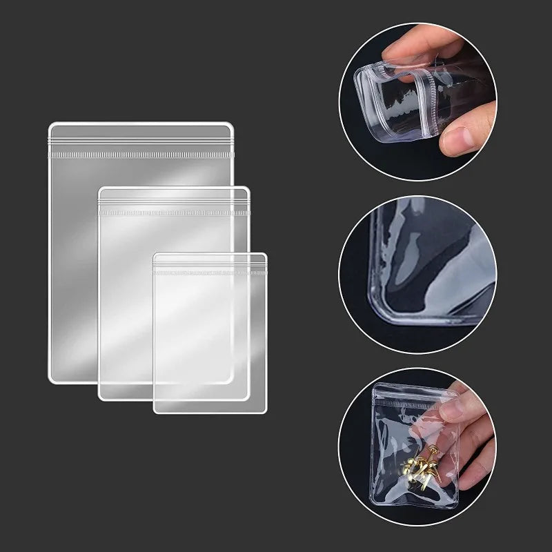 10–100PCS PVC Self-Sealing Zip Lock Bags — Thick Transparent Reclosable Pouches for Jewelry & Gift Storage