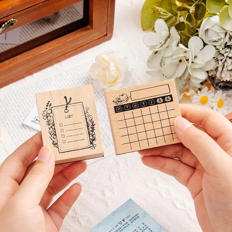 Cute Cat Wood Stamp Calendar – Daily & Monthly Planner Stamps for Journaling, Scrapbooking & DIY Crafts