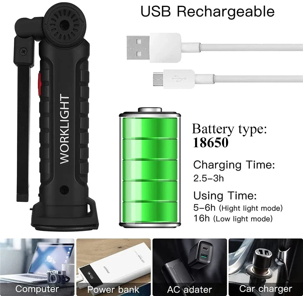 USB Rechargeable Camping LED Flashlight Work Light: IP64 Waterproof, 5 Lighting Modes - with Magnet and Hook, Suitable for Night Work