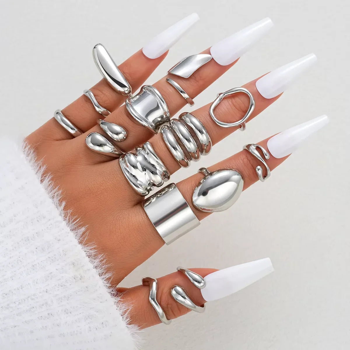 14pcs Gold Geometric Rings Set for Women – Wide Face Smooth Asymmetrical Fashion Jewelry Gift