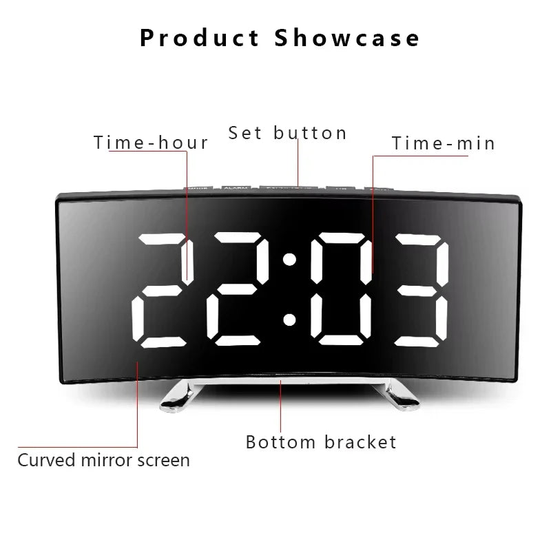 Noiseless LED Mirror Alarm Clock — Large Digital Display Silent Electronic Clock