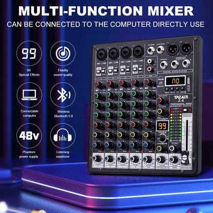 TKLBLS Professional 6 Channel Audio Mixer – 99 DSP Effects, 48V Phantom Power, USB, Bluetooth DJ Console for Studio & Karaoke