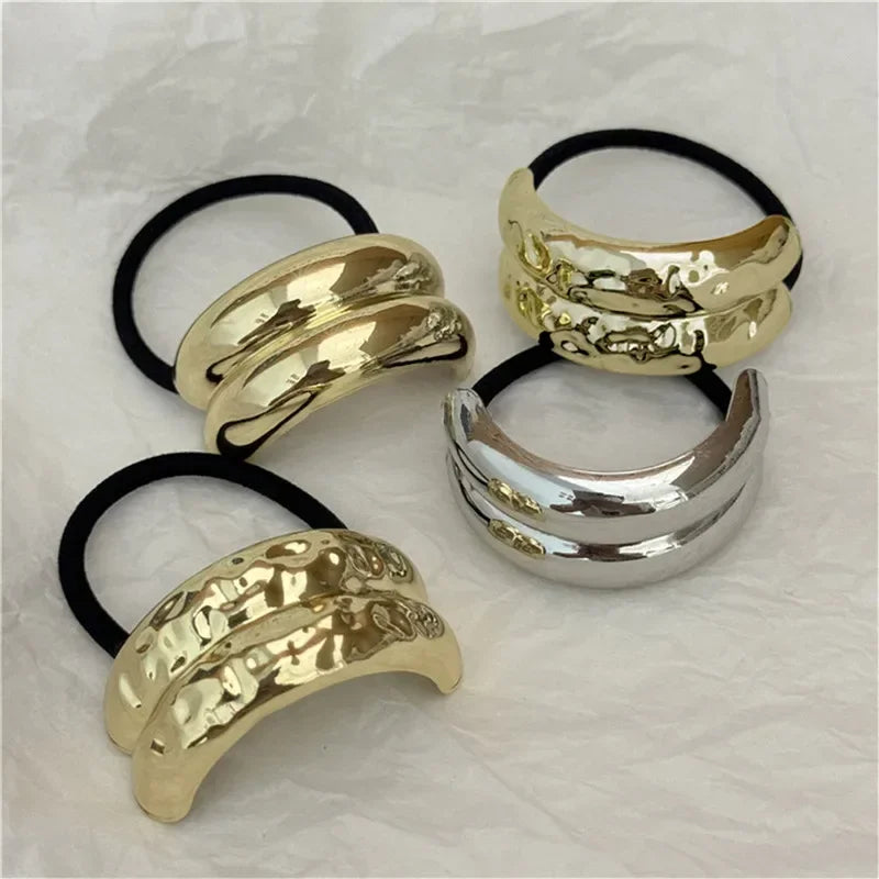 3PCS Geometric Hair Ties — Elastic Rubber Bands with Gold & Silver Metal Charms, Hair Cuffs for Women & Girls Accessories