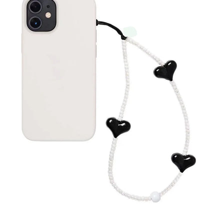 KPOP Black Matte Bead Phone Charm with Pink Heart – Style Phone Strap Lanyard Jewelry Accessory