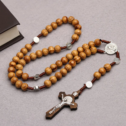 10MM Wood Bead Rosary Cross Necklace – Christian Virgin Mary INRI Pendant Chain for Men & Women Religious Jewelry
