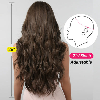Brown Long Wavy Wig for Women with Bangs — Natural-Look Synthetic Hair, Heat-Resistant for Daily & Cosplay