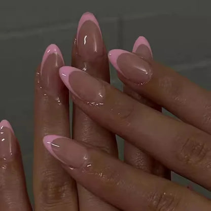 24Pcs French Press On Nails - Almond Fake Nail Tips with Glue, White Edge Design & Pink Stiletto Style Manicure Set