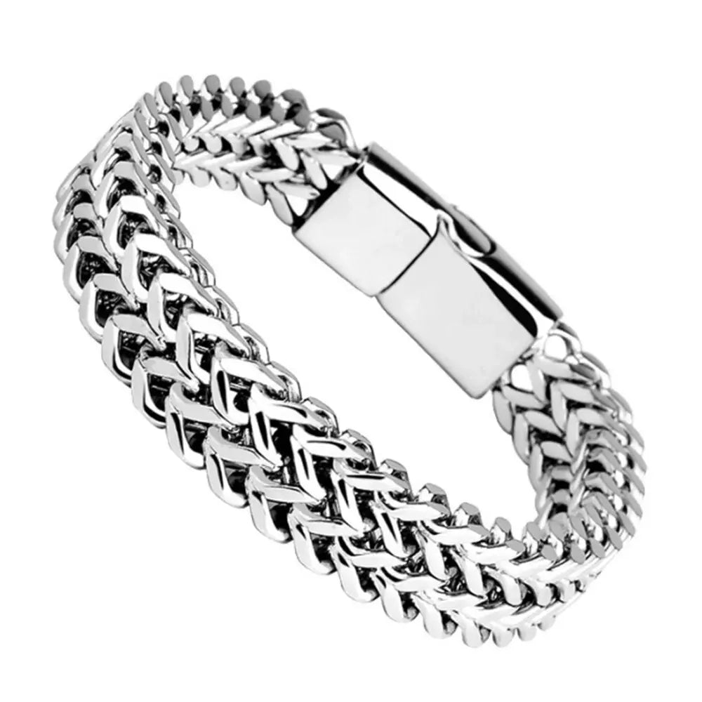 Stainless Steel Fish Scale Bracelet - Double Row Braided Magnetic Buckle Alloy Jewelry