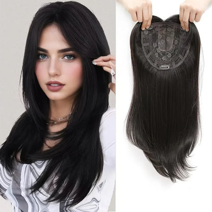 Synthetic Hair Topper with Bangs – Clip-in Hair Extensions for Women, Increase Volume, Cover White Hair & Hairline