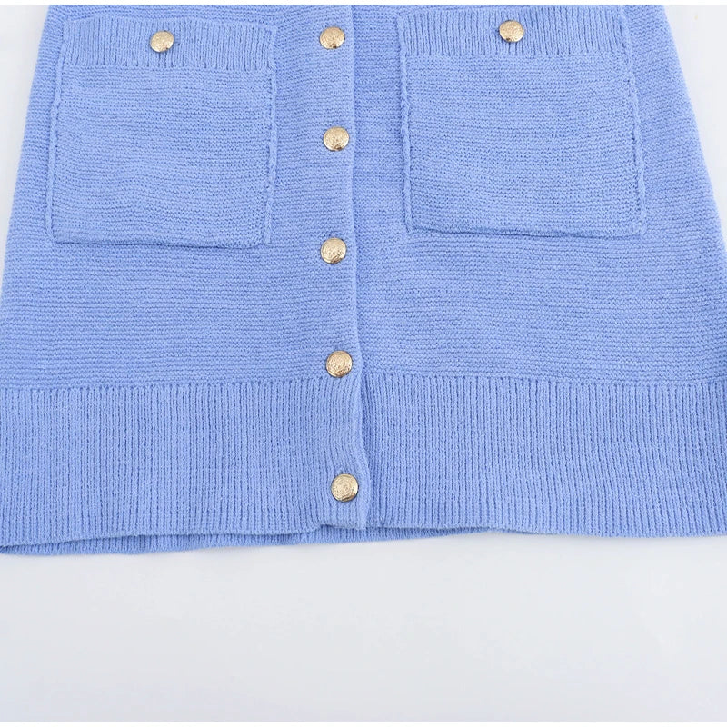 2025 New Women’s Knit Slim Mini Dress – Elegant Single-Breasted Solid Color Office & Daily Commuting Vestido