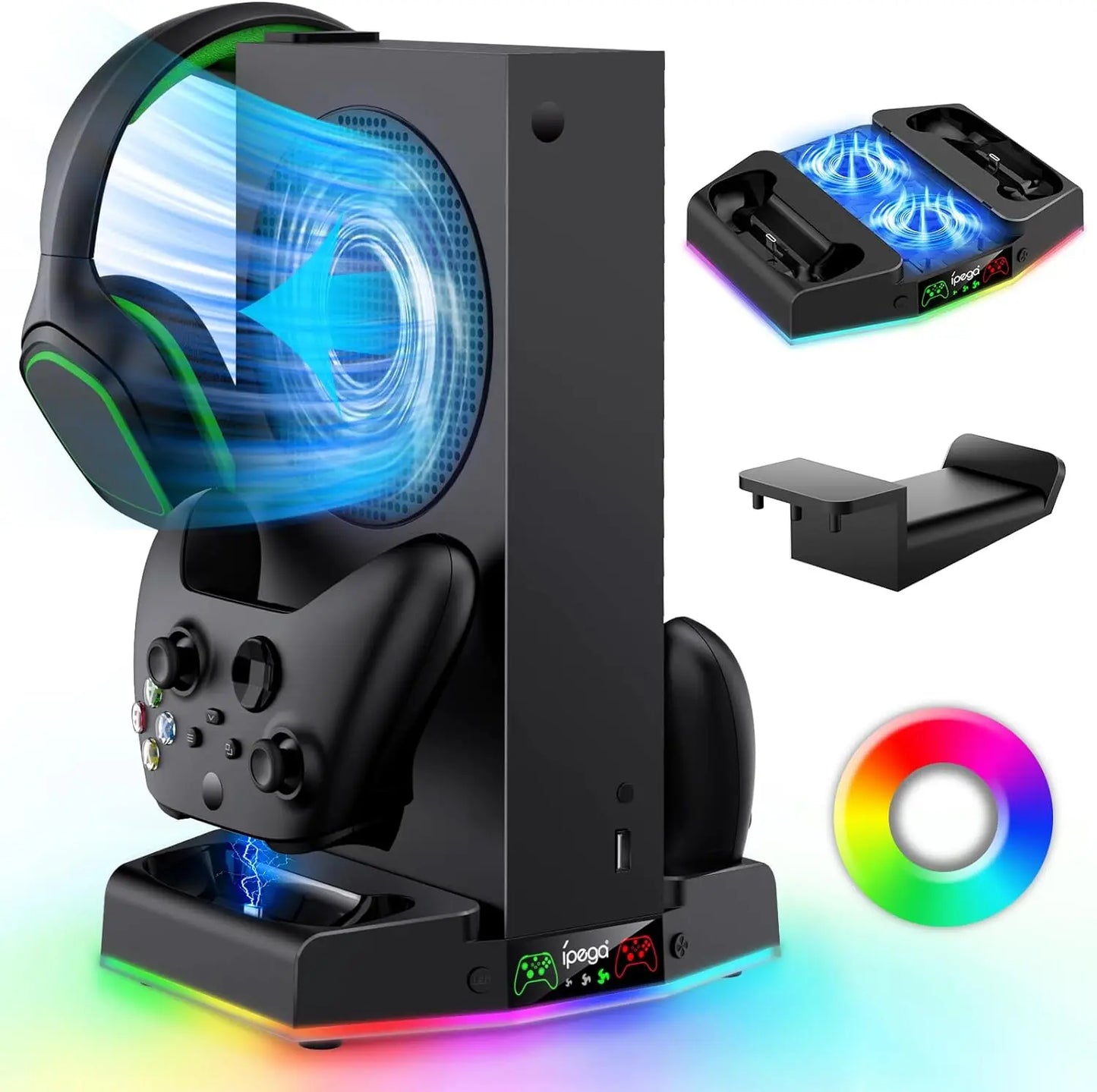 IPEGA Cooling Fan Stand for Xbox Series S – Controller Charging Dock with 15 RGB Lights, Headset Hook, and Charging Station