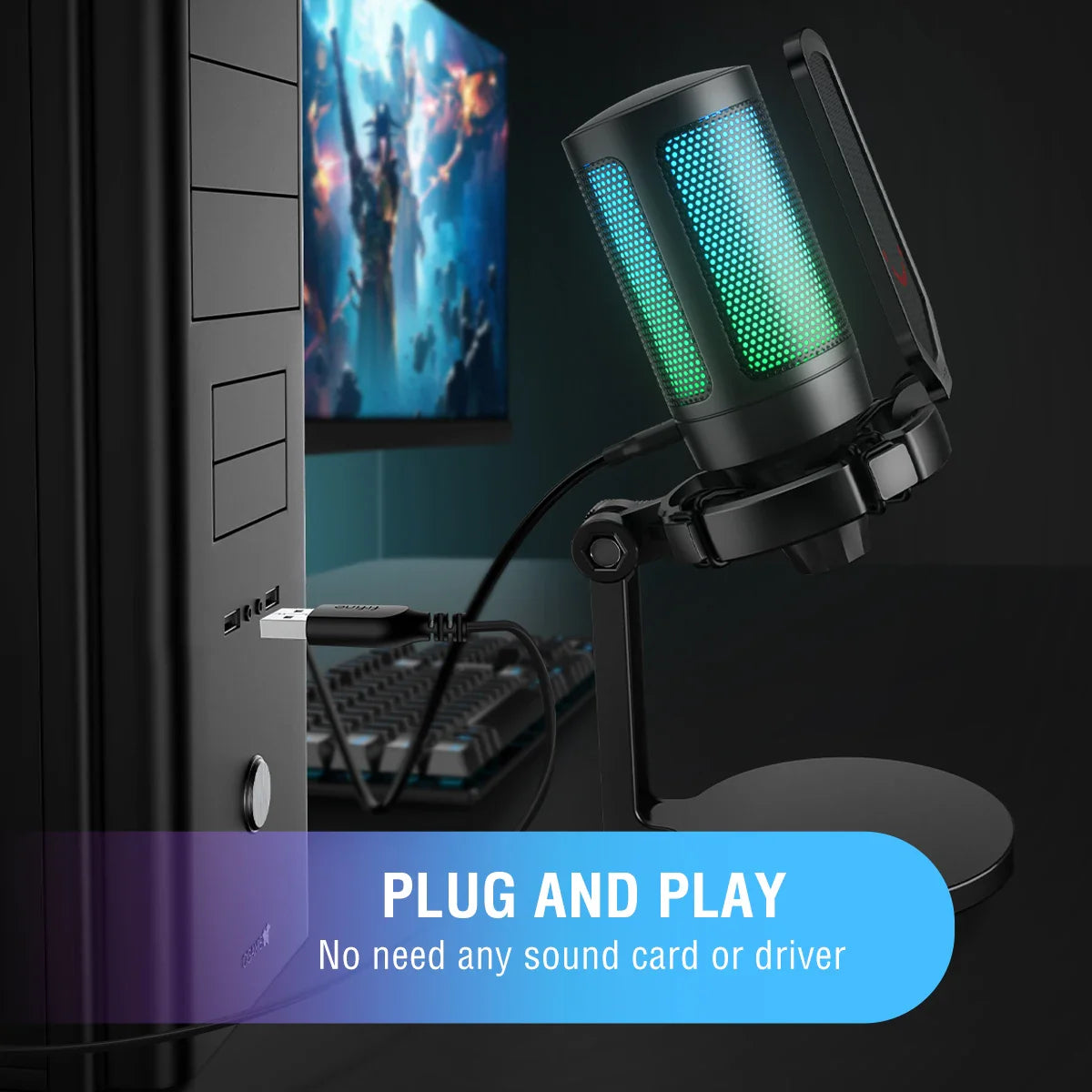 AmpliGame by FIFINE USB Gaming Microphone — RGB Condenser Mic with Gain Knob, Touch Mute for Streaming, Podcast, PC, Switch & PS5 A6NEO