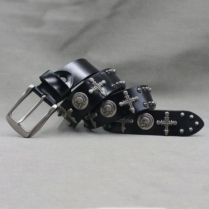 Men’s Designer Rivet Belt – Genuine Cowhide Leather Punk Rock Pin Belt for Jeans, Luxury Black Leather Belt