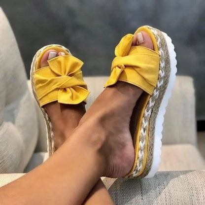 Women's Bowknot Woven Wedge Sandals - Comfortable Non-Slip Summer Beach Shoes