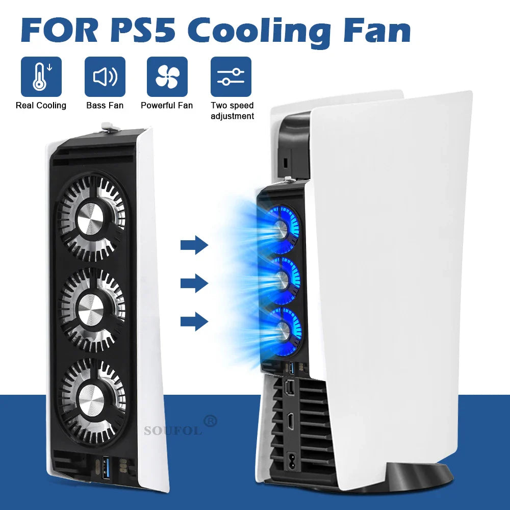 Upgraded PS5 Cooling Fan – Quiet USB 3.0 Hub with LED Light for Disc & Digital Edition Console Accessories