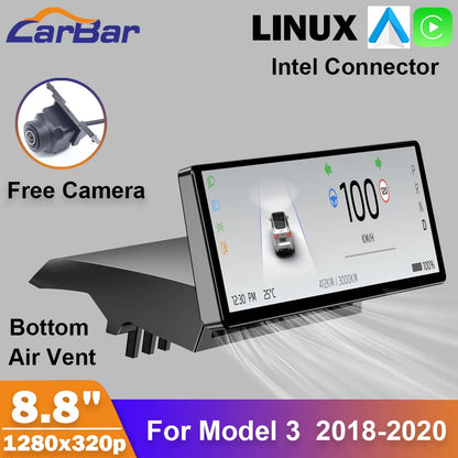 Carbar 8.8" Smart Dashboard Touch Screen – Wireless CarPlay & Android Auto for Tesla Model 3 & Y, Free Air Vent Camera
