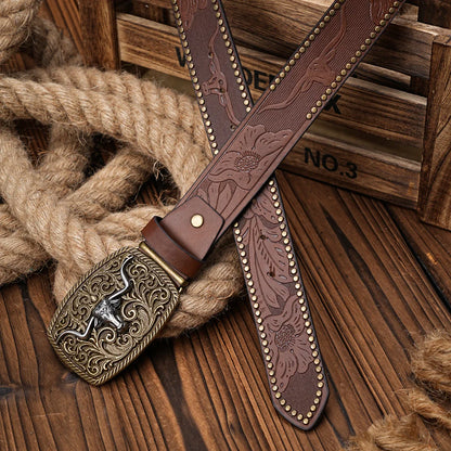 Men & Women Western Cowboy PU Leather Belt – Vintage Floral Engraved Buckle Belt for Jeans