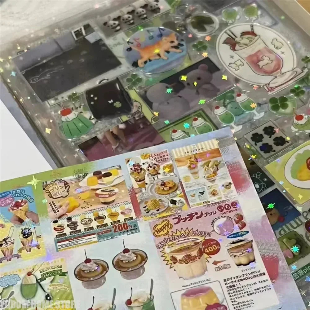 20-Sheet Vintage Glitter PET Stickers - Transparent Kawaii Deco Stickers for Scrapbooking, Journaling & Toploader Crafts