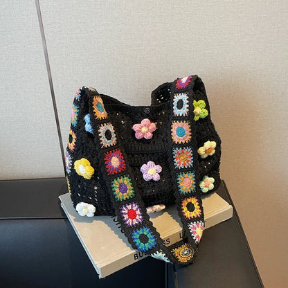 Women’s Boho Crochet Tote Bag – Floral Knitted Large Capacity Beach Shoulder Bag Summer Woven Shopper Handbag