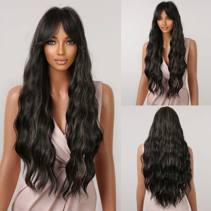 Brown Wavy Long Wig for Women with Bangs — Natural-Look Synthetic Hair, Heat-Resistant for Daily & Cosplay