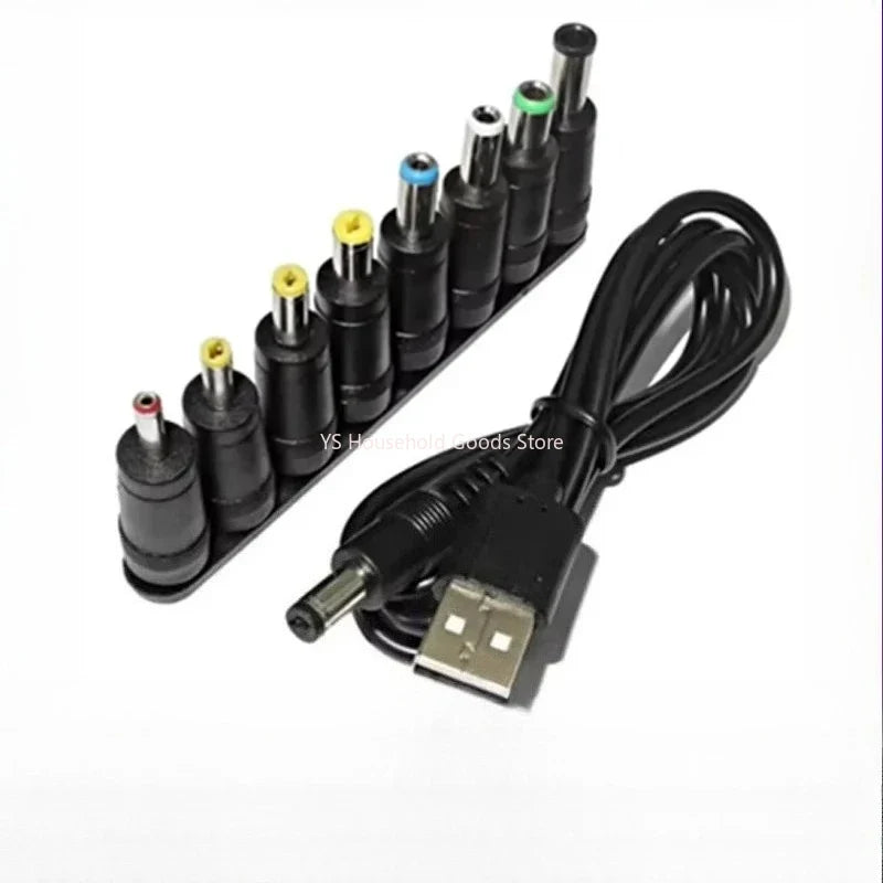 USB to DC 5.5x2.1mm Power Cable - 8-Connector Tips for CCTV Cameras and TV Boxes