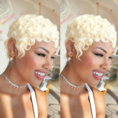 Brazilian Remy Human Hair Wig - Short Curly Pixie Cut Full Machine-Made Wig for Women