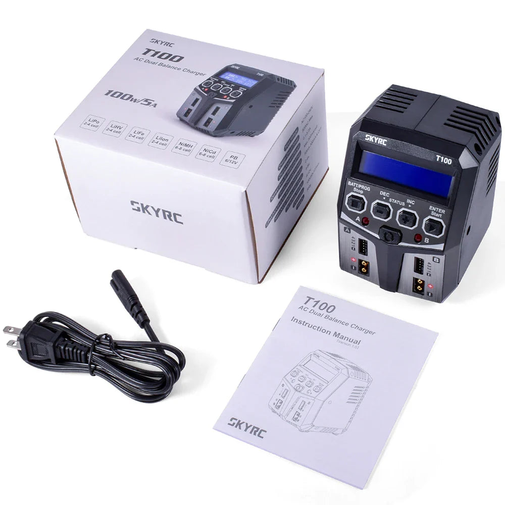 SKYRC T100 AC Dual 5A Lipo Battery Charger — 2x50W Balance Charger for 2-4S NiMH, NiCd, LiPo, LiFe, LiIon, LiHV RC Cars