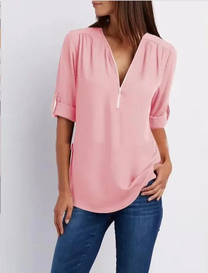 Women’s 2025 Hot Sale Loose Chiffon Blouse – Deep V-Neck Casual Top with Zipper Pullover Plus Size