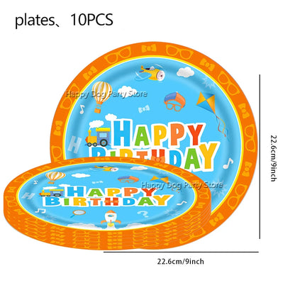 Happy Birthday Party Supplies Set — Cartoon Movie Theme Flag Banner, Paper Tableware, Latex Balloons & Cake Topper Decoration