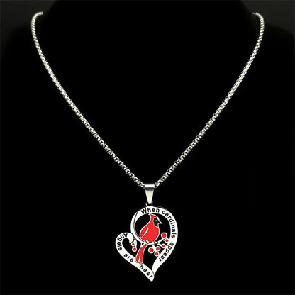 Heart Love Cardinals Pendant Necklace - Stainless Steel Silver Tone Family Amulet Chain Jewelry Gift for Women & Men
