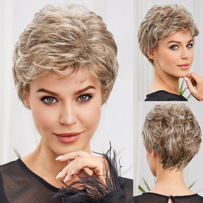 Light Blonde Mixed Off-White Pixie Cut Wig for Women – Bangs with Kanekalon Human-Hair-Like Texture, Natural Layered Hair