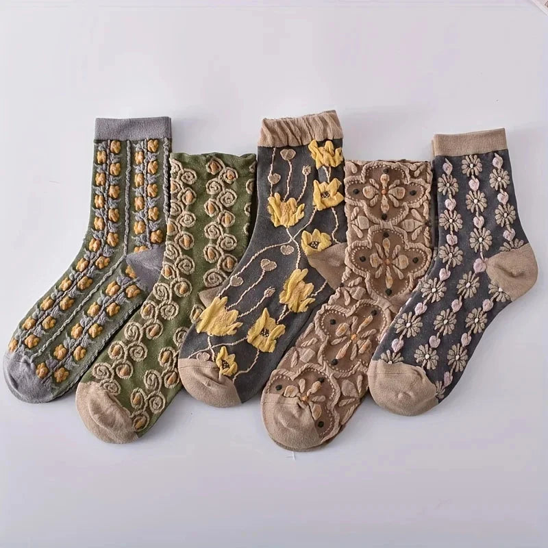 5 Pairs Happy Face Crew Socks – Cartoon Cat Cotton Mid Tube Socks, Breathable Women's Stockings & Hosiery