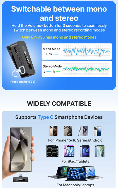 BOYA BY-V3 Wireless Lavalier Lapel Microphone – Noise-Cancelling Rechargeable Mic for iPhone, Android, Camera & Vlogging