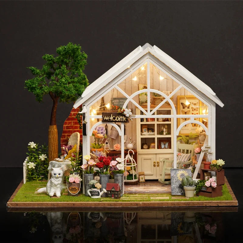 DIY Wooden Sunshine Greenhouse Cottage – Miniature Dollhouse Kit with Furniture for Friends' Gifts