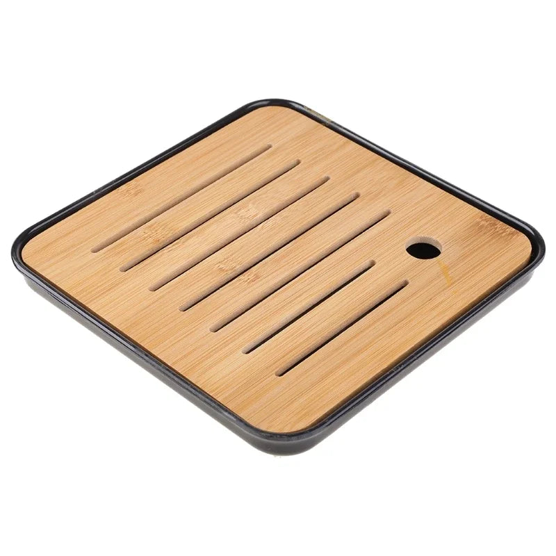 Bamboo Chinese Gongfu Tea Tray – Wood & Marble Serving Tray with Water Storage and Drainage Box