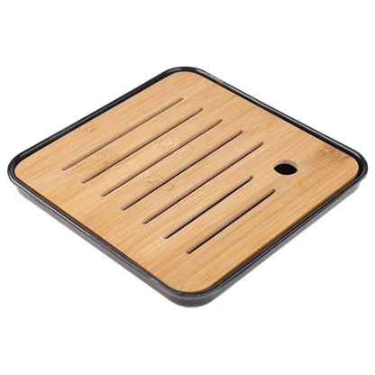 Bamboo Chinese Gongfu Tea Tray – Wood & Marble Serving Tray with Water Storage and Drainage Box