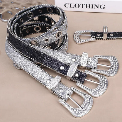 Y2K Women’s PU Leather Rhinestone Belt – Adjustable Glitter Crystal Waistband for Club & Party