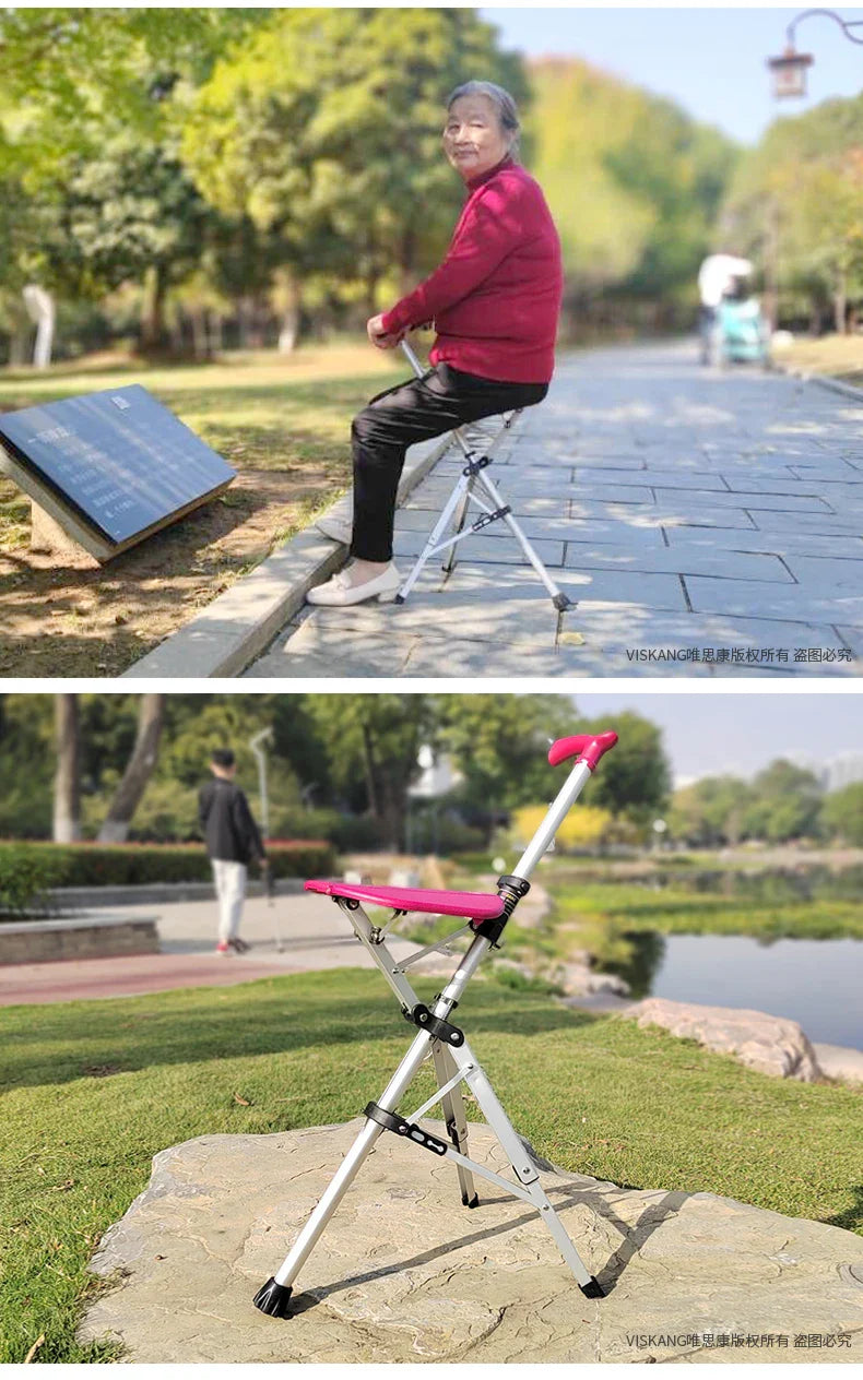 Multi-Functional Non-Slip Walking Stick with Seat – One-Key Foldable Crutch Chair, Triangular Bracing Elderly Hiking Pole Walker