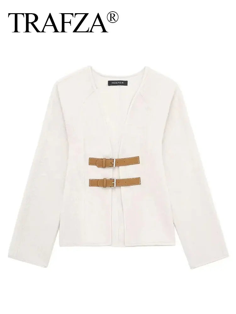 TRAFZA Women’s Retro Leather Buckle Woolen Coat – Fashion Solid V-Neck Beige Jacket, Autumn Spring Streetwear