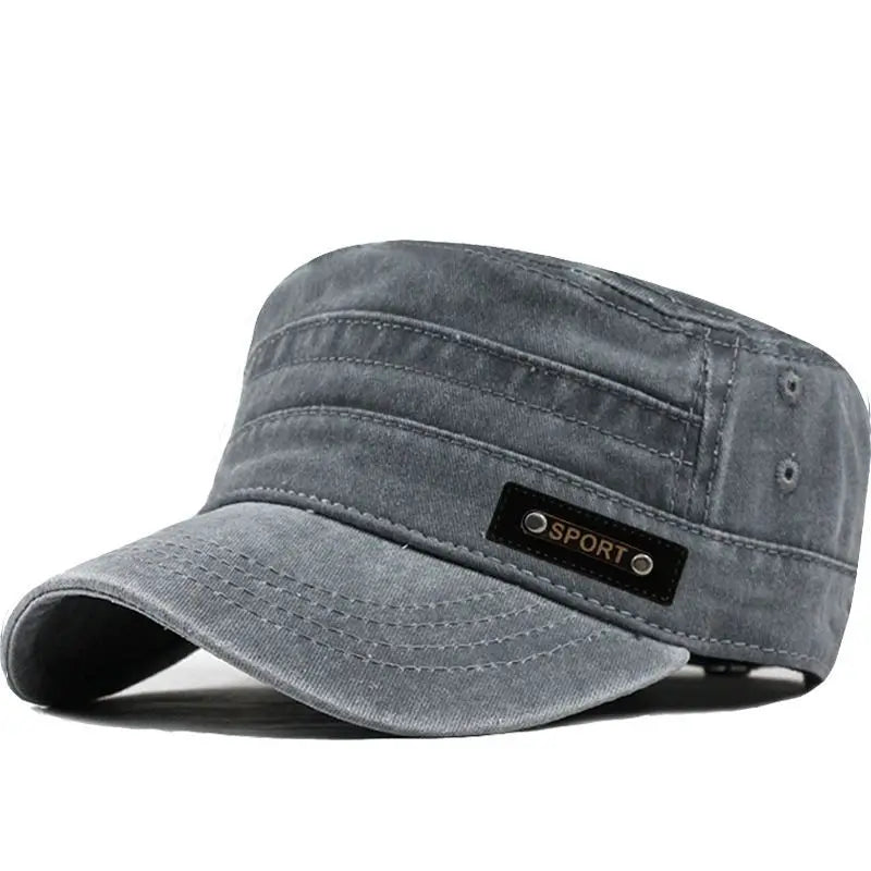 Men’s Cotton Military Cap – Washable Flat Top Sun-Proof Hat for Spring, Summer, and Autumn
