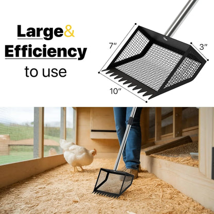 10" Large Chicken Poop Scooper with Handle – Heavy Duty Rake Head for Sand and Droppings, Poultry Coop Cleaning Tool for Easy Waste Removal