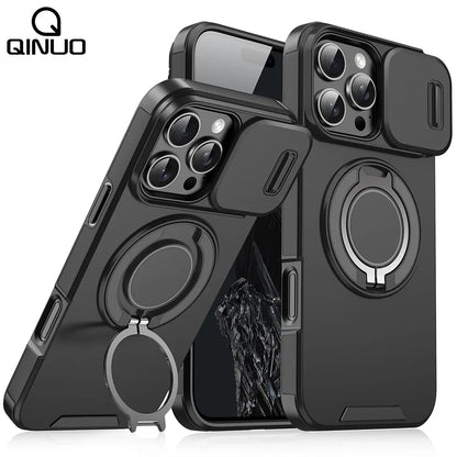 Heavy Duty Rugged Magnetic Ring Stand Case for iPhone 11–16 Pro Max Plus with Slide Camera Protection & MagSafe Compatible Cover