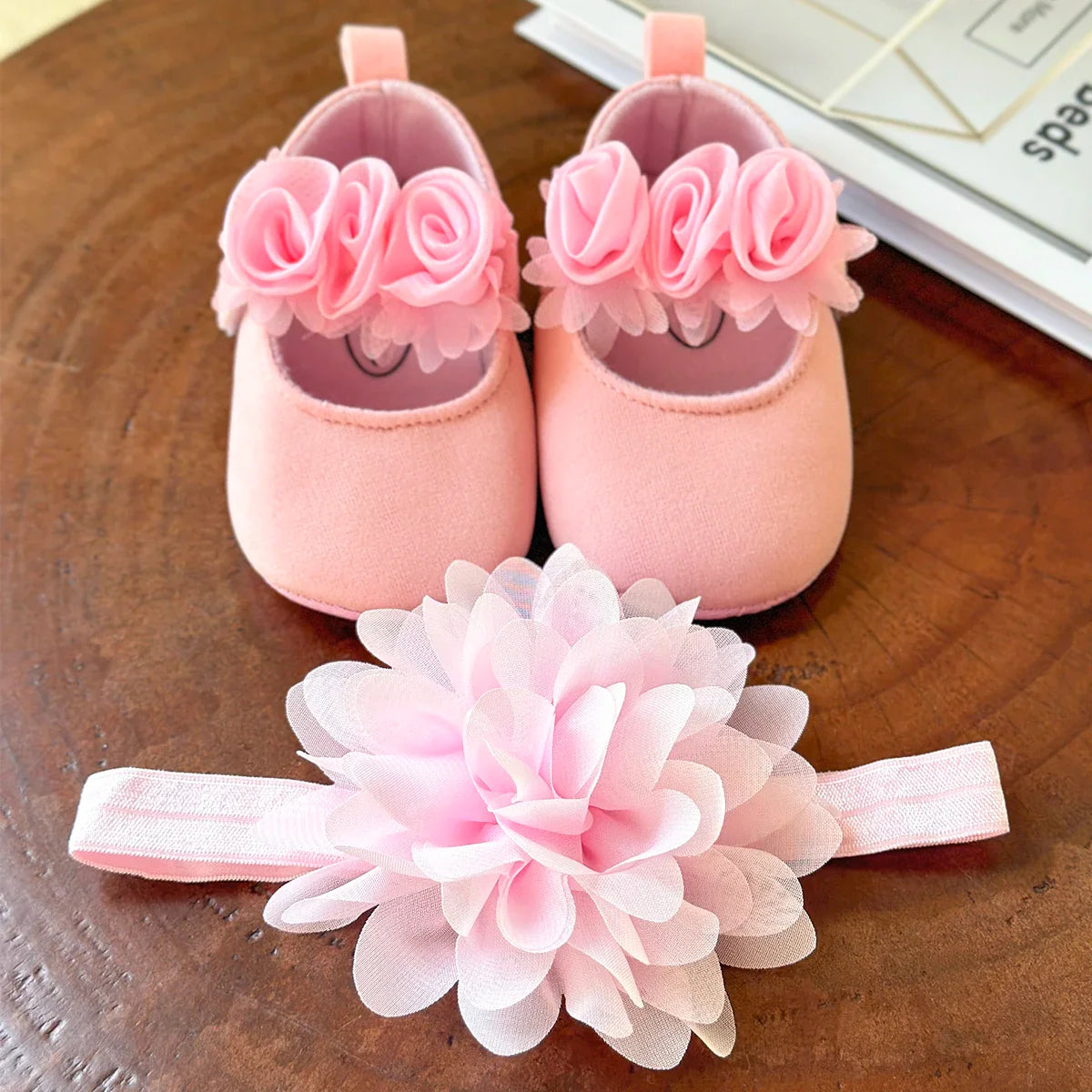 Baby Girls Flat Shoes with Flower Decor & Matching Headband – Princess Crib First Walker Shoes for Newborns and Infants