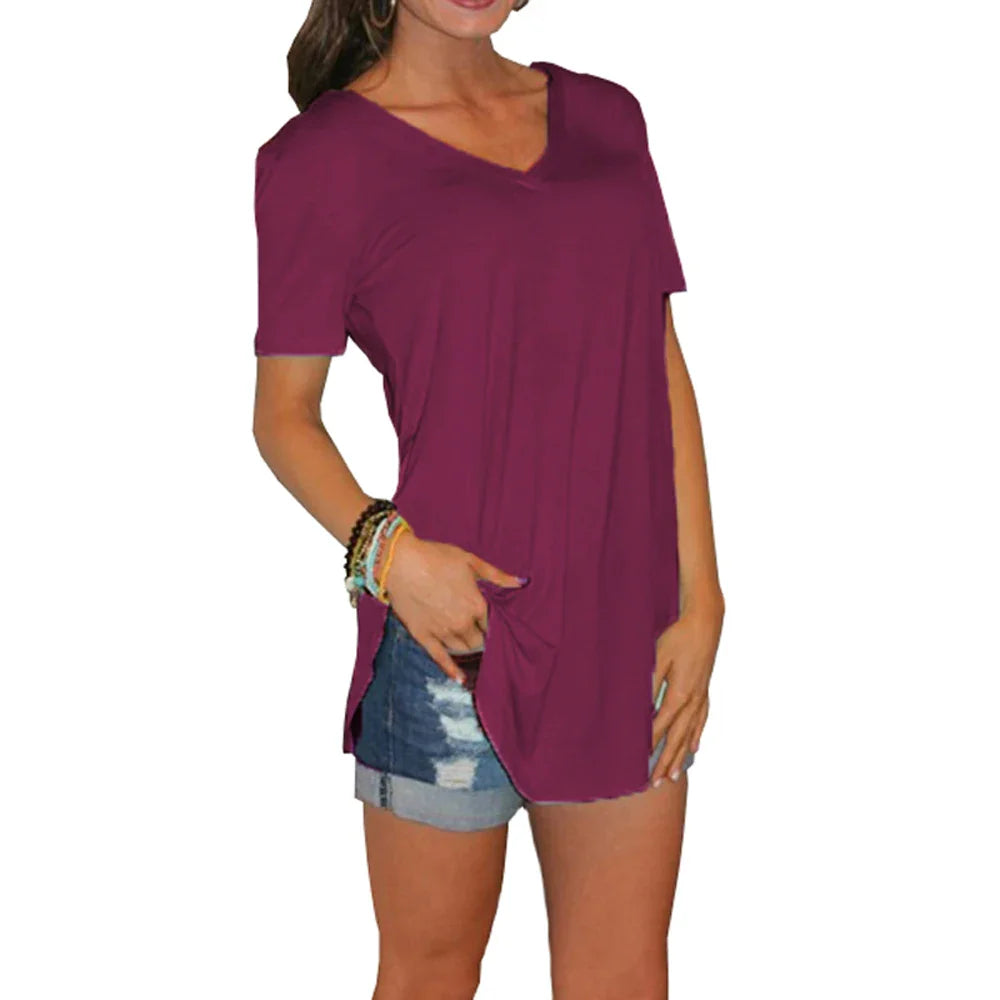 Women’s Summer V-Neck Blouse – Short Sleeve Loose Solid Color T-Shirt with Curved Hem