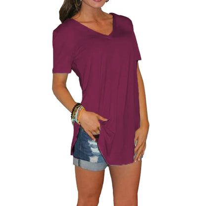 Women’s Summer V-Neck Blouse – Short Sleeve Loose Solid Color T-Shirt with Curved Hem