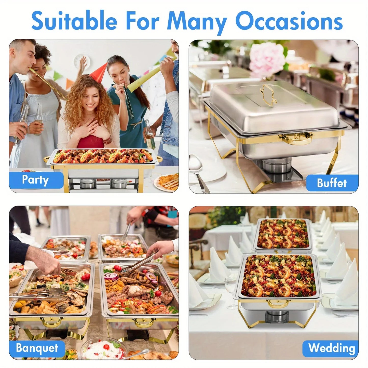 6-Pack 9QT Golden Stainless Steel Chafing Dishes – Buffet Warmer Set for Catering, Parties & Weddings